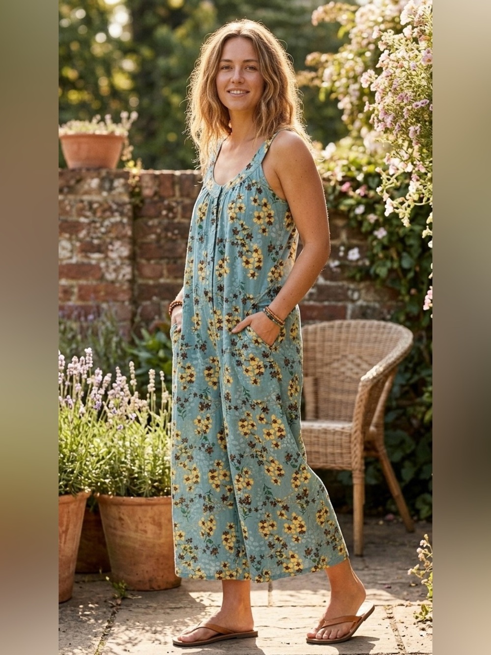 Ahimsa 100% Cotton Wide-Leg Floral Romper -‎ Blue (One Size)
